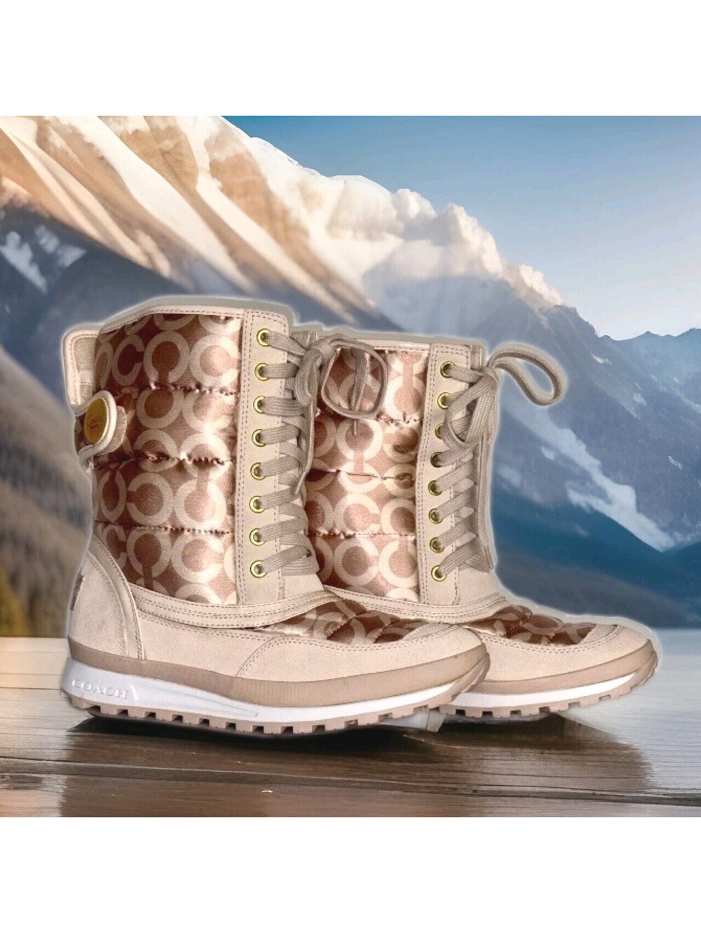 Coach Dorean Winter Snow Boots Signature Logo Quilted Puffer Leather Womens 10 B